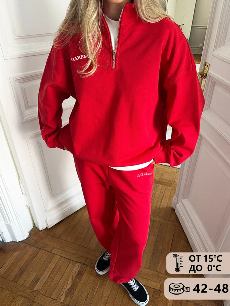 Spring Red Women's Tracksuit with Zipper Cotton Oversize Classic Two Piece Set Women Casual Yellow Trouser Suits for Women 2026 Quick Pick Grocers